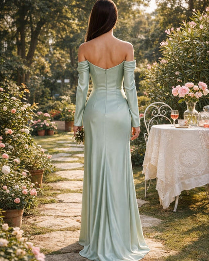 Satin Mermaid Off the Shoulder Long Wedding Guest Dresses