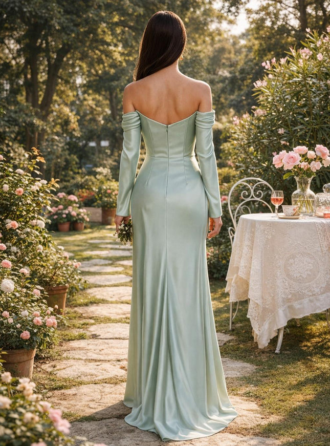 Satin Mermaid Off the Shoulder Long Wedding Guest Dresses