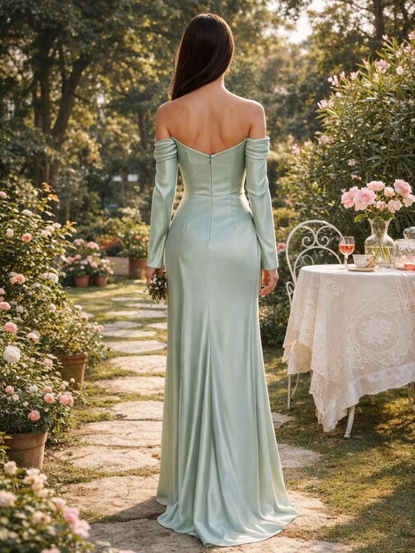 Satin Mermaid Off the Shoulder Long Wedding Guest Dresses
