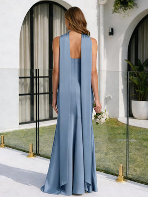 Satin A Line Halter Long Wedding Guest Dresses