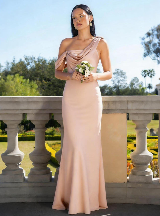 Satin Mermaid Asymmetric Neck Long Bridesmaid Dresses