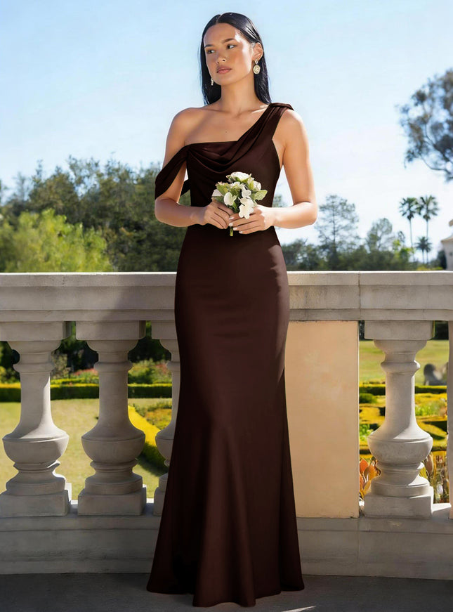 Satin Mermaid Asymmetric Neck Long Bridesmaid Dresses