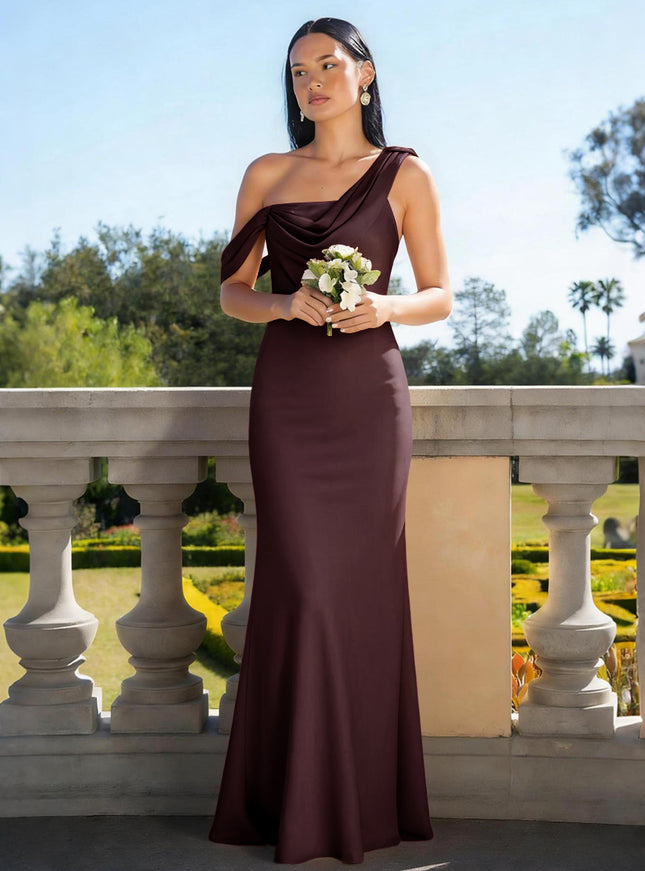 Satin Mermaid Asymmetric Neck Long Bridesmaid Dresses