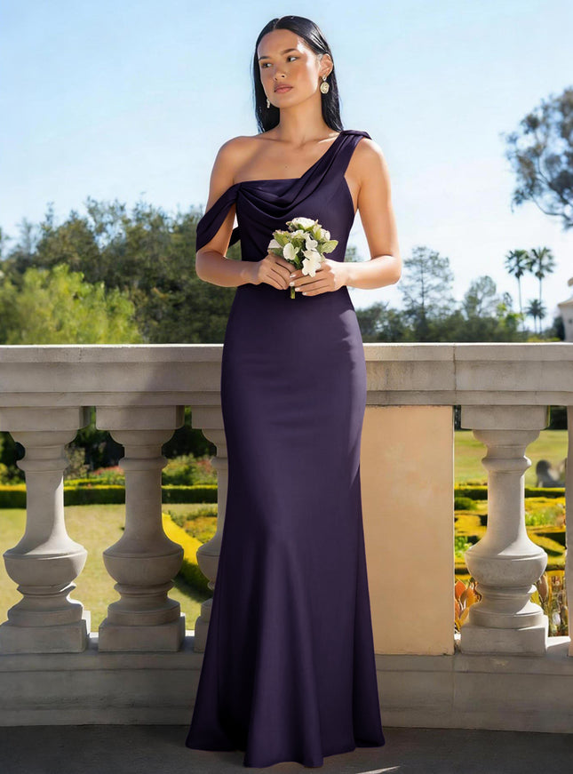 Satin Mermaid Asymmetric Neck Long Bridesmaid Dresses