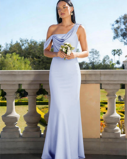 Satin Mermaid Asymmetric Neck Long Bridesmaid Dresses