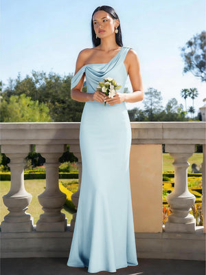 Satin Mermaid Asymmetric Neck Long Bridesmaid Dresses