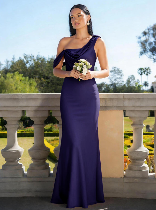 Satin Mermaid Asymmetric Neck Long Bridesmaid Dresses