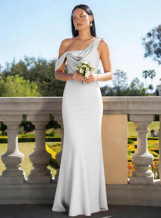 Satin Mermaid Asymmetric Neck Long Bridesmaid Dresses