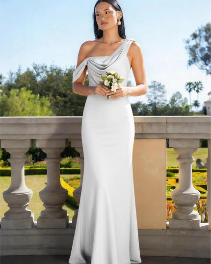 Satin Mermaid Asymmetric Neck Long Bridesmaid Dresses