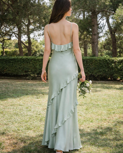 Satin A Line Spaghetti Straps Long Bridesmaid Dresses