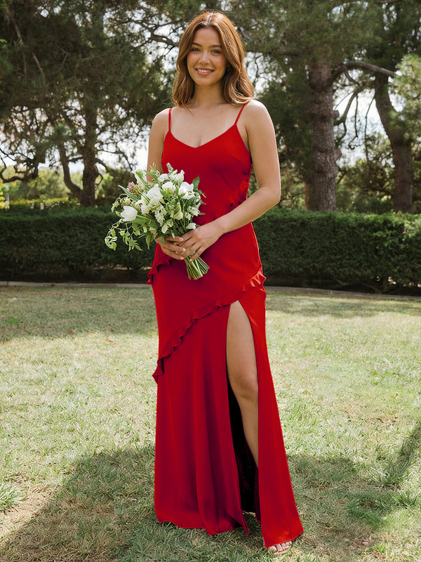 Satin A Line Spaghetti Straps Long Bridesmaid Dresses