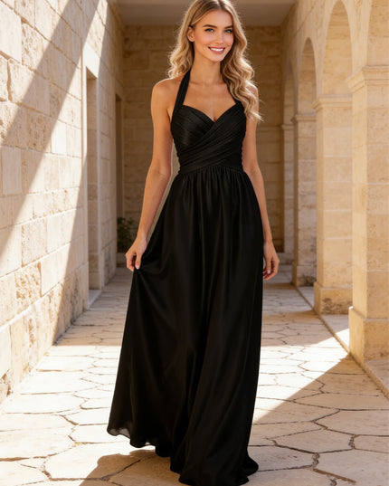 Halter Satin A Line Bridesmaid Dresses with Pleated