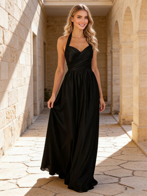 Halter Satin A Line Bridesmaid Dresses with Pleated