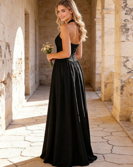 Halter Satin A Line Bridesmaid Dresses with Pleated