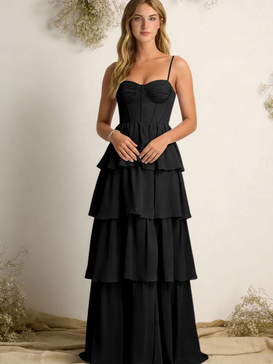 Chiffon Spaghetti Straps Layered Bridesmaid Dresses