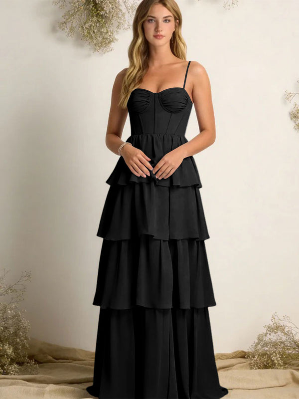 Chiffon Spaghetti Straps Layered Bridesmaid Dresses