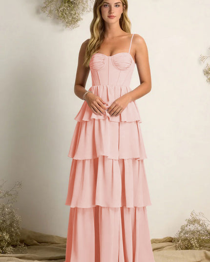 Chiffon Spaghetti Straps Layered Bridesmaid Dresses