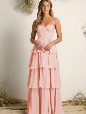 Chiffon Spaghetti Straps Layered Bridesmaid Dresses