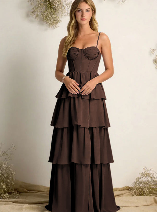 Chiffon Spaghetti Straps Layered Bridesmaid Dresses