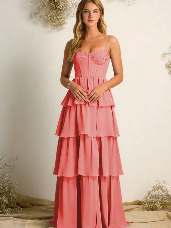 Chiffon Spaghetti Straps Layered Bridesmaid Dresses