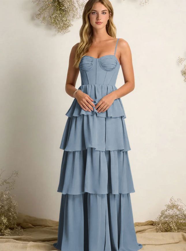 Chiffon Spaghetti Straps Layered Bridesmaid Dresses