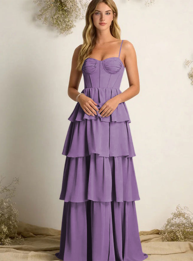 Chiffon Spaghetti Straps Layered Bridesmaid Dresses