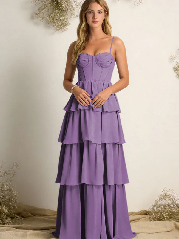 Chiffon Spaghetti Straps Layered Bridesmaid Dresses