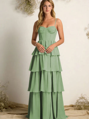 Chiffon Spaghetti Straps Layered Bridesmaid Dresses