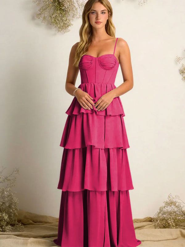 Chiffon Spaghetti Straps Layered Bridesmaid Dresses