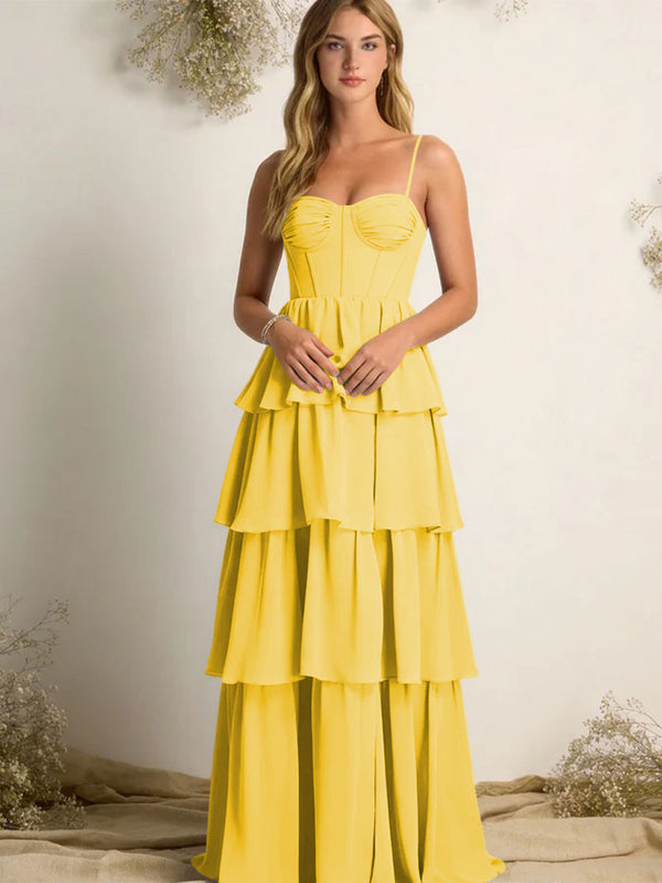 Chiffon Spaghetti Straps Layered Bridesmaid Dresses