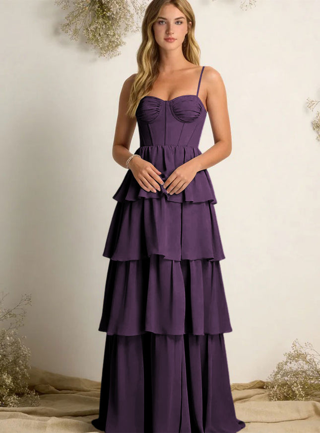 Chiffon Spaghetti Straps Layered Bridesmaid Dresses
