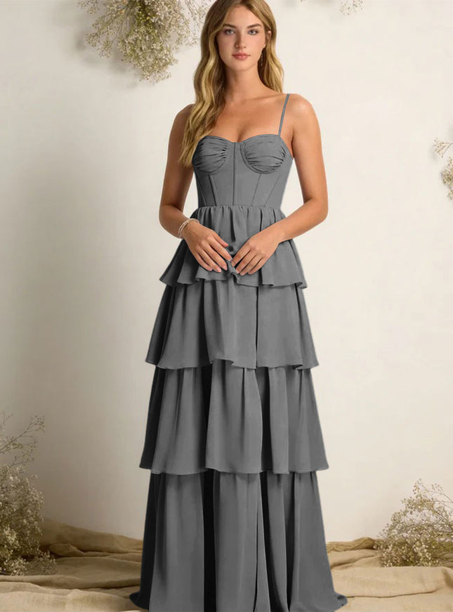 Chiffon Spaghetti Straps Layered Bridesmaid Dresses