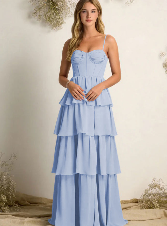 Chiffon Spaghetti Straps Layered Bridesmaid Dresses