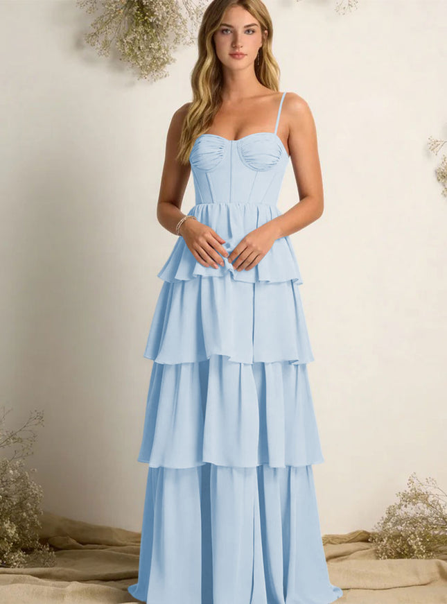 Chiffon Spaghetti Straps Layered Bridesmaid Dresses