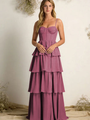 Chiffon Spaghetti Straps Layered Bridesmaid Dresses