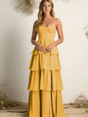 Chiffon Spaghetti Straps Layered Bridesmaid Dresses