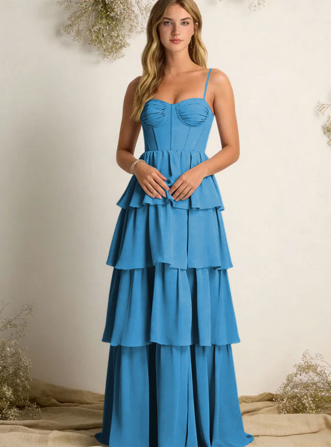 Chiffon Spaghetti Straps Layered Bridesmaid Dresses