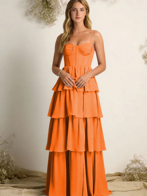 Chiffon Spaghetti Straps Layered Bridesmaid Dresses