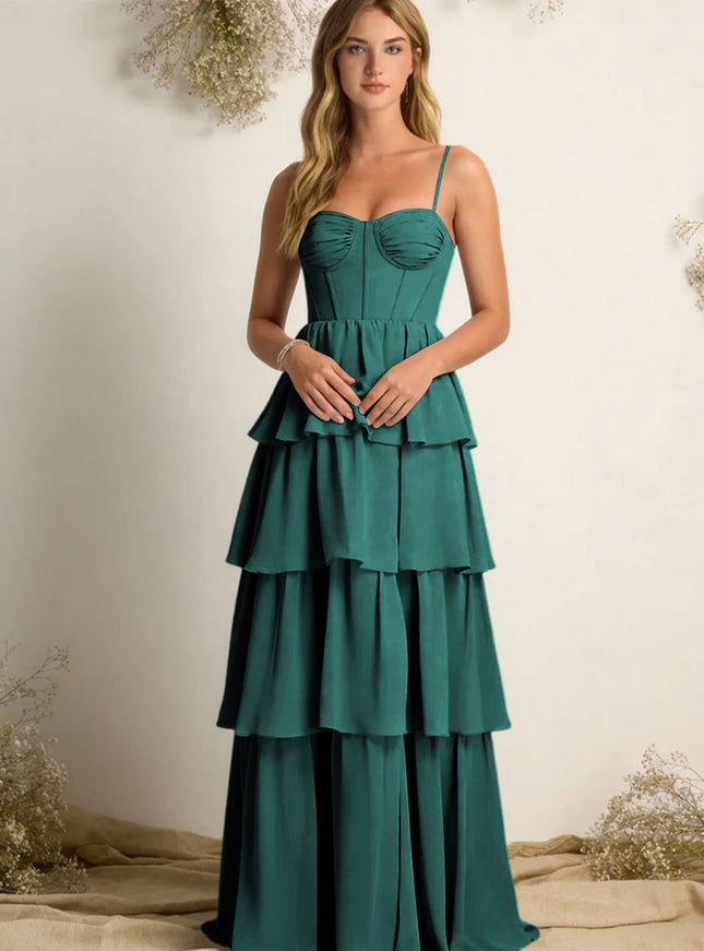 Chiffon Spaghetti Straps Layered Bridesmaid Dresses