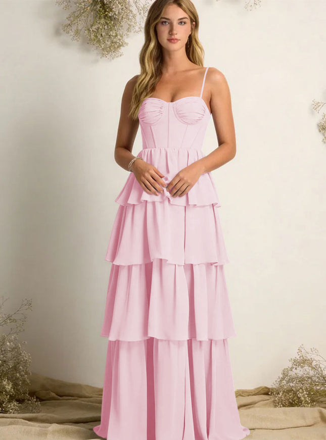 Chiffon Spaghetti Straps Layered Bridesmaid Dresses