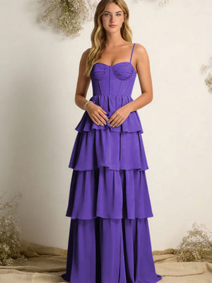 Chiffon Spaghetti Straps Layered Bridesmaid Dresses