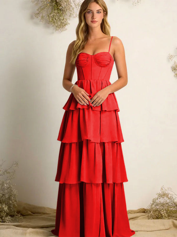 Chiffon Spaghetti Straps Layered Bridesmaid Dresses