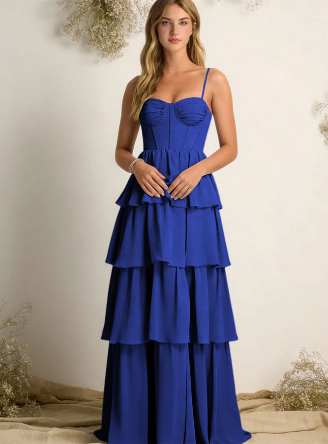 Chiffon Spaghetti Straps Layered Bridesmaid Dresses