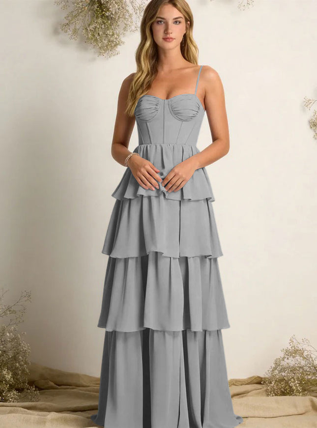 Chiffon Spaghetti Straps Layered Bridesmaid Dresses