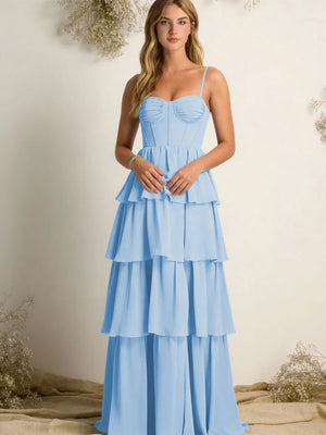 Chiffon Spaghetti Straps Layered Bridesmaid Dresses
