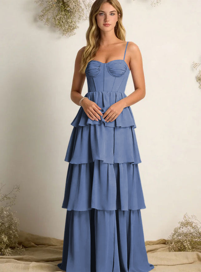 Chiffon Spaghetti Straps Layered Bridesmaid Dresses