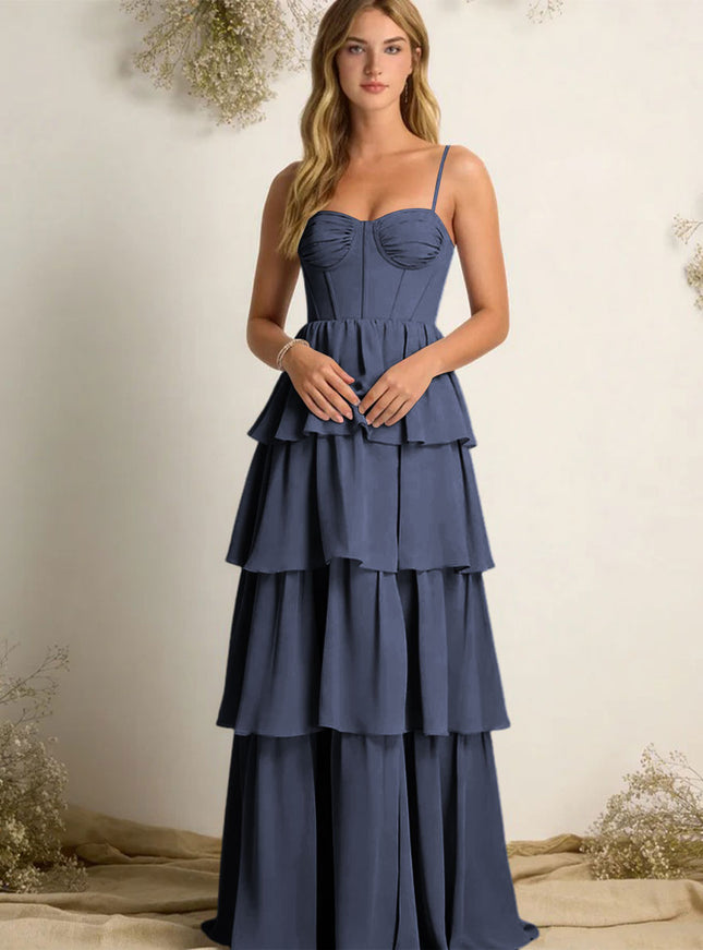 Chiffon Spaghetti Straps Layered Bridesmaid Dresses