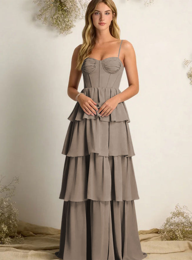 Chiffon Spaghetti Straps Layered Bridesmaid Dresses