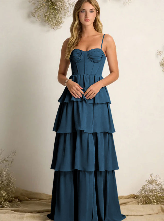 Chiffon Spaghetti Straps Layered Bridesmaid Dresses