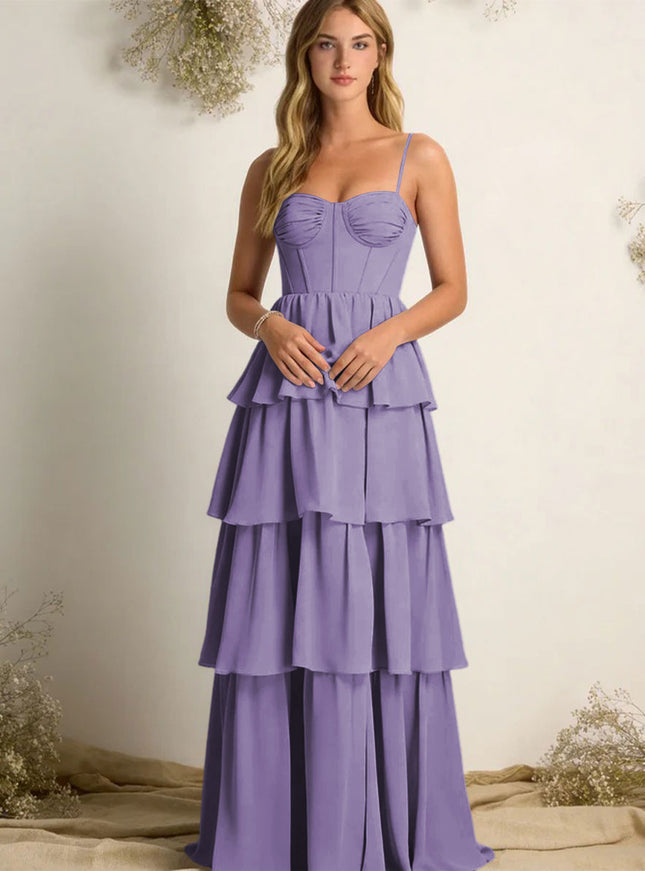 Chiffon Spaghetti Straps Layered Bridesmaid Dresses